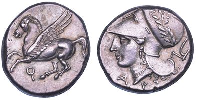 Corinzia, Corinto. Statere con Pegaso in volo e Testa di Atena, ca. 375-300 a.C.