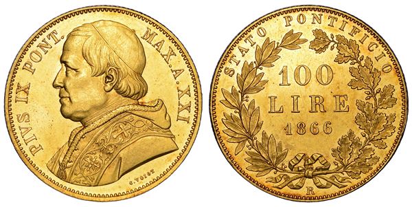 STATO PONTIFICIO. PIO IX (Giovanni Maria Mastai Ferretti), 1846-1878. 100 Lire 1866/A. XXI. Roma.