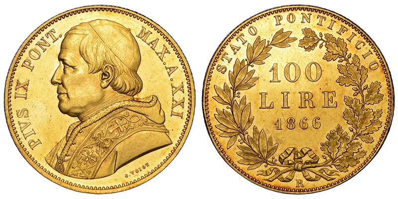 Pio IX, 100 Lire 1866/A (XXI), Oro