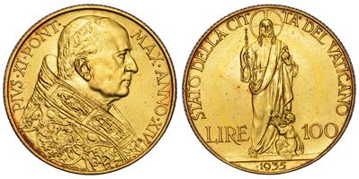 Achille Ratti (Pio XI), 100 Lire Vaticano, 1935 (Anno XIV), busto e figura di Cristo