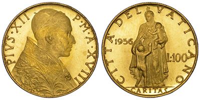 Eugenio Pacelli (Pio XII), 100 Lire 1956/A (XVIII), Vaticano