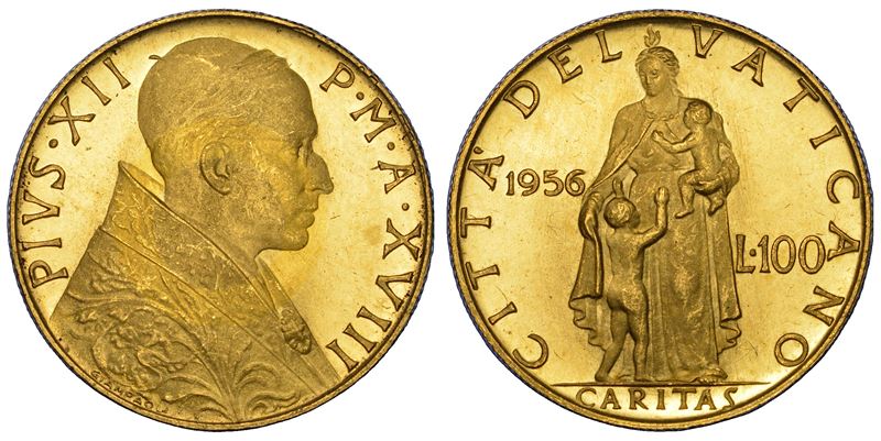 VATICANO. PIO XII (Eugenio Pacelli), 1939-1958. 100 Lire 1956/A. XVIII.  - Auction Numismatics - Cambi Casa d'Aste