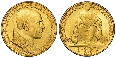 Eugenio Pacelli (Pio XII), 100 Lire Vaticano, 1942 (Anno IV) – Stato della Città del Vaticano