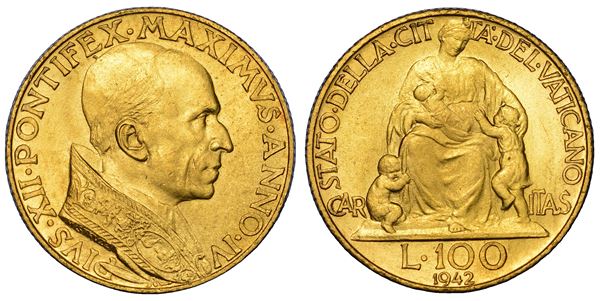 VATICANO. PIO XII (Eugenio Pacelli), 1939-1958. 100 Lire 1942/A. IV.