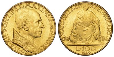 Eugenio Pacelli (Pio XII), 100 Lire Vaticano, 1949/A XI, oro