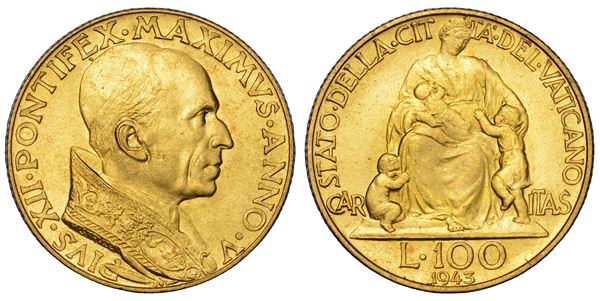 VATICANO. PIO XII (Eugenio Pacelli), 1939-1958. 100 Lire 1943/A. V.