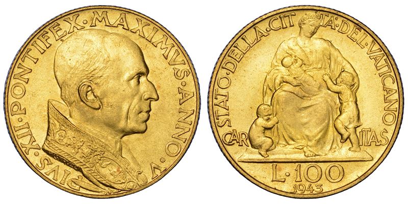 VATICANO. PIO XII (Eugenio Pacelli), 1939-1958. 100 Lire 1943/A. V.  - Auction Numismatics - Cambi Casa d'Aste