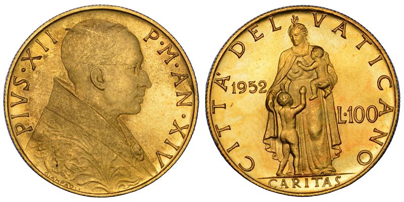 VATICANO. PIO XII (Eugenio Pacelli), 1939-1958. 100 Lire 1952/A. XIV.  - Auction Numismatics - Cambi Casa d'Aste