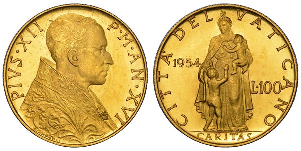 VATICANO. PIO XII (Eugenio Pacelli), 1939-1958. 100 Lire 1954/A. XVI.
