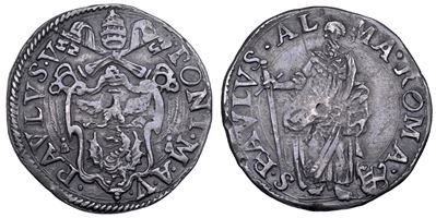 Camillo Borghese (Paolo V), Stato Pontificio: testone “S. Paolo in piedi” con stemma e chiavi dec...