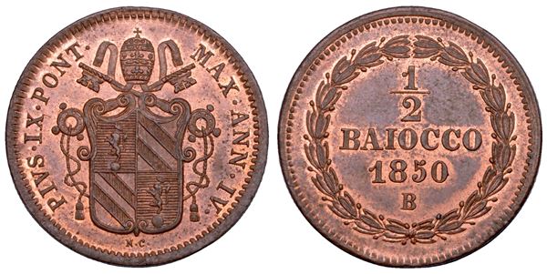 STATO PONTIFICIO. PIO IX (Giovanni Maria Mastai Ferretti), 1846-1878. Mezzo baiocco A. IV/1850. Bologna.