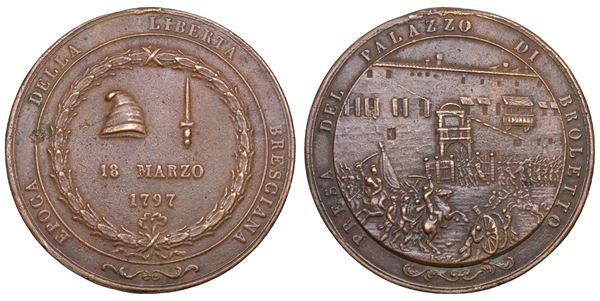 BRESCIA. PERIODO NAPOLEONICO, dal 1796 al 1815. Medaglia in bronzo 1797. Presa del palazzo di Broletto.