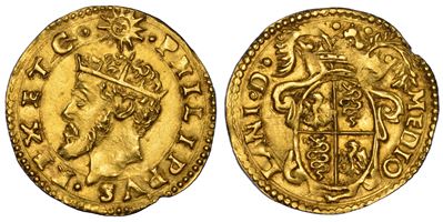 Filippo II d’Asburgo (1554-1598), Scudo d’oro con sole raggiante e stemma ovale