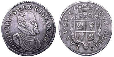 Milano, Filippo II d’Asburgo, Scudo d’argento 1594 (busto e stemma)