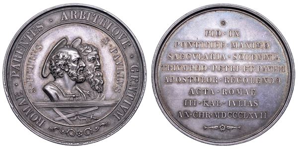 STATO PONTIFICIO. PIO IX (Giovanni Maria Mastai Ferretti), 1846-1878. Medaglia in argento 1867/(A.XXII). 18° Centenario del martirio dei SS. Pietro e Paolo.