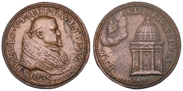 STATO PONTIFICIO. PAOLO V (Camillo Borghese), 1605-1621. Medaglia in bronzo 1612. Posa della prima pietra della chiesa romana di San Carlo al Corso.
