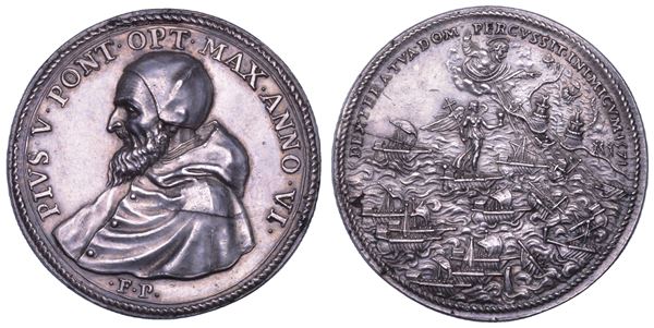 STATO PONTIFICIO. PIO V (Antonio Ghislieri), 1566-1572. Medaglia in argento A. VI. Ricordo della battaglia di Lepanto.