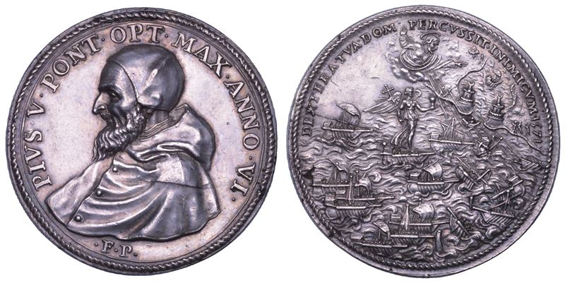 STATO PONTIFICIO. PIO V (Antonio Ghislieri), 1566-1572. Medaglia in argento A. VI. Ricordo della battaglia di Lepanto.  - Auction Numismatics - Cambi Casa d'Aste
