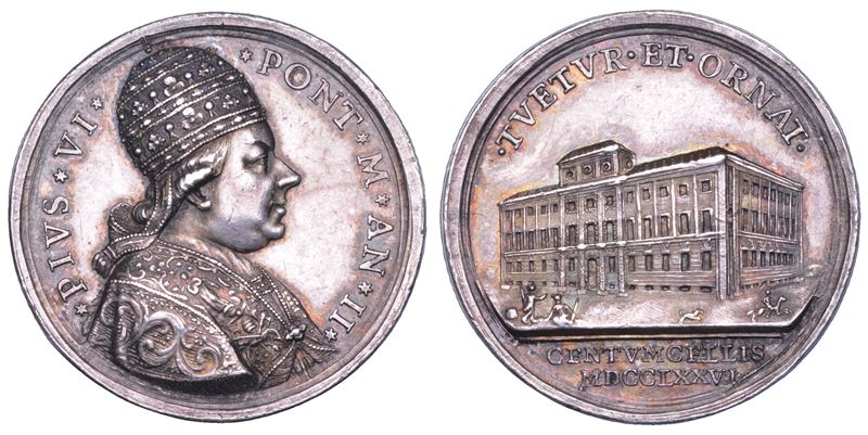 STATO PONTIFICIO. PIO VI (Giannangelo Braschi), 1775-1799. Medaglia annuale in argento 1776/A. II. Le nuove caserme di Civitavecchia.  - Asta Numismatica - Cambi Casa d'Aste