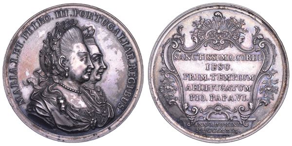 STATO PONTIFICIO. PIO VI (Giannangelo Braschi), 1775-1799. Medaglia in argento 1779. Inaugurazione della chiesa del Santissimo Coracao de Jesus in Portogallo da parte di Papa Pio VI.