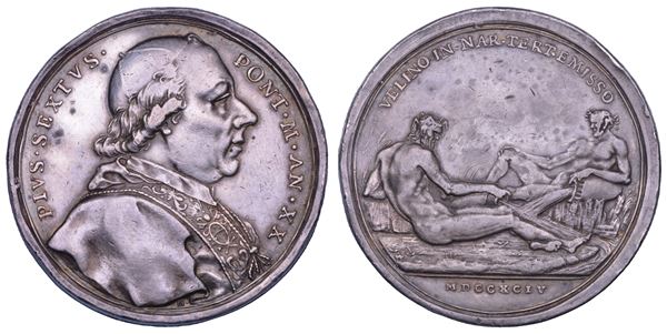 STATO PONTIFICIO. PIO VI (Giannangelo Braschi), 1775-1799. Medaglia annuale in argento 1794/A.XX. Il fiume Velino immesso per la terza volta nel fiume Nera, presso la Cascata delle Marmore.