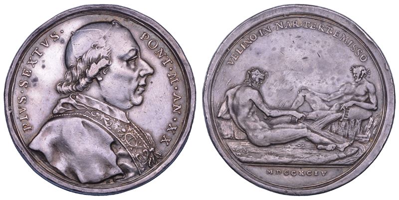 Giannangelo Braschi (Pio VI), Medaglia annuale in argento 1794, “Velino” presso la Cascata delle ...