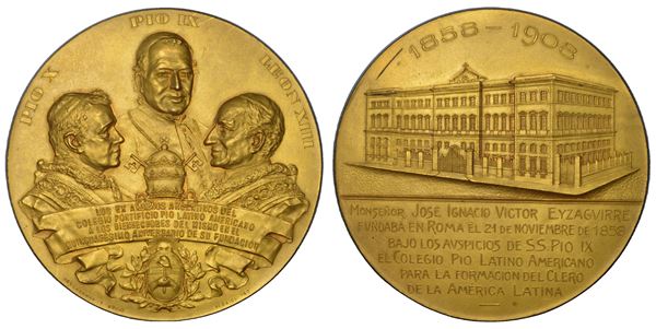 ROMA. PIO X (Giuseppe Melchiorre Sarto), 1903-1914. Medaglia in bronzo dorato 1908. Cinquantesimo anniversario della fondazione del Collegio Pio Latino Americano di Roma.