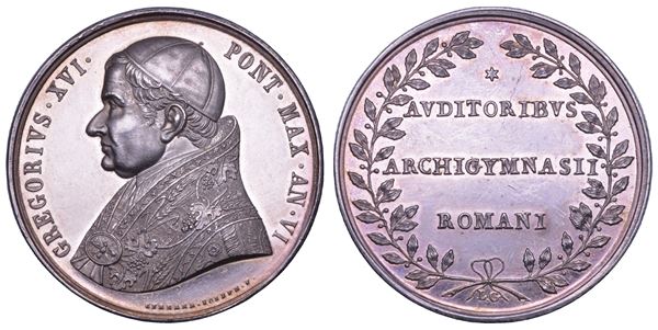 STATO PONTIFICIO. GREGORIO XVI (Bartolomeo Alberto Cappellari), 1831-1846. Medaglia in argento 1836/A. VI. Premio agli studenti dell'Università di Roma.