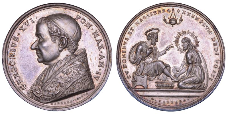 STATO PONTIFICIO. GREGORIO XVI (Bartolomeo Alberto Cappellari), 1831-1846. Medaglia in argento A. IV. Lavanda dei piedi del Giovedì Santo.  - Asta Numismatica - Cambi Casa d'Aste