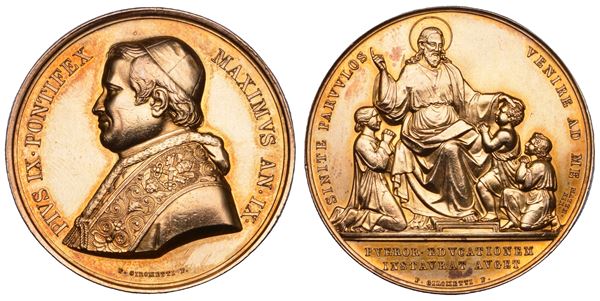 STATO PONTIFICIO. PIO IX (Giovanni Maria Mastai Ferretti), 1846-1878. Medaglia annuale in argento dorato 1854/A. IX. Istituzione dei primi asili infantili a Roma.