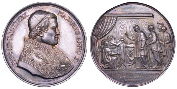 STATO PONTIFICIO. PIO IX (Giovanni Maria Mastai Ferretti), 1846-1878. Medaglia annuale in argento 1854/A. X. Visita del Papa all'Ospedale di Santo Spirito a Roma.