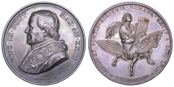STATO PONTIFICIO. PIO IX (Giovanni Maria Mastai Ferretti), 1846-1878. Medaglia in argento A. XXIII. Accademia di San Luca.