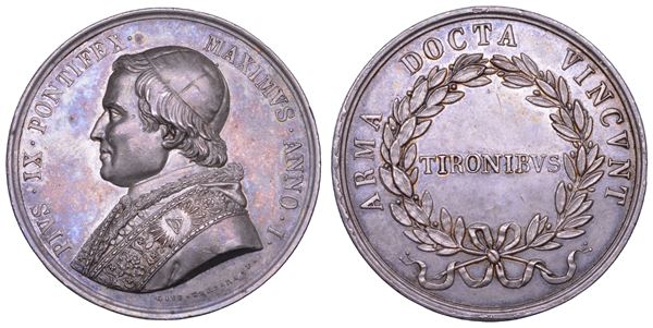 STATO PONTIFICIO. PIO IX (Giovanni Maria Mastai Ferretti), 1846-1878. Medaglia in argento A. I. Premio per gli alunni della Scuola Militare.
