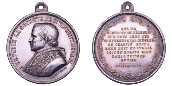 STATO PONTIFICIO. PIO IX (Giovanni Maria Mastai Ferretti), 1846-1878. Medaglia in argento 1855. Società di S. Vincenzo De Paoli.