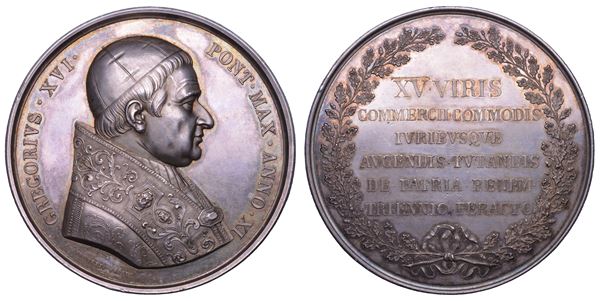 STATO PONTIFICIO. GREGORIO XVI (Bartolomeo Alberto Cappellari), 1831-1846. Medaglia in argento A. XI (1841). Medaglia premio della Camera di Commercio di Roma.