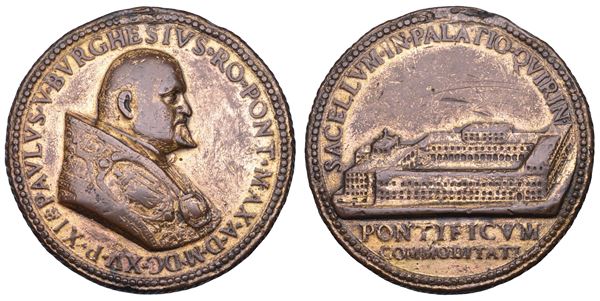 STATO PONTIFICIO. PAOLO V (Camillo Borghese), 1605-1621. Medaglia 1615 in bronzo parzialmente dorato. Ampliamento del palazzo del Quirinale.