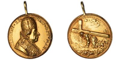 Clemente XI (Giovanni Francesco Albani), Elezione al pontificato, medaglia in bronzo dorato con a...