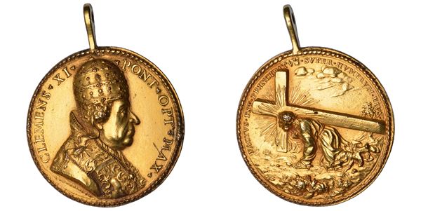 STATO PONTIFICIO. CLEMENTE XI (Giovanni Francesco Albani), 1700-1721. Medaglia in bronzo dorato con anello s.d. Elezione al Pontificato.