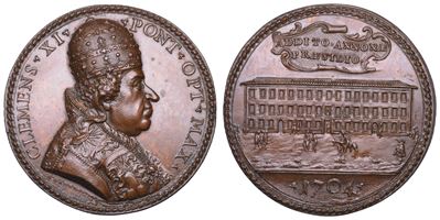 Albani (attribuito a), Clemente XI, Medaglia in bronzo 1704: il Palazzo dell’Annona a Roma