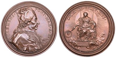 Clemente XI (Giovanni Francesco Albani), Medaglia pontificia in bronzo, 1718 (A.XVIII) — Personif...
