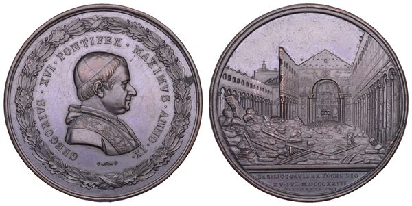 STATO PONTIFICIO. GREGORIO XVI (Bartolomeo Alberto Cappellari), 1831-1846. Medaglia in bronzo A. IX (1839). Riedificazione della Basilica di San Paolo fuori le Mura.