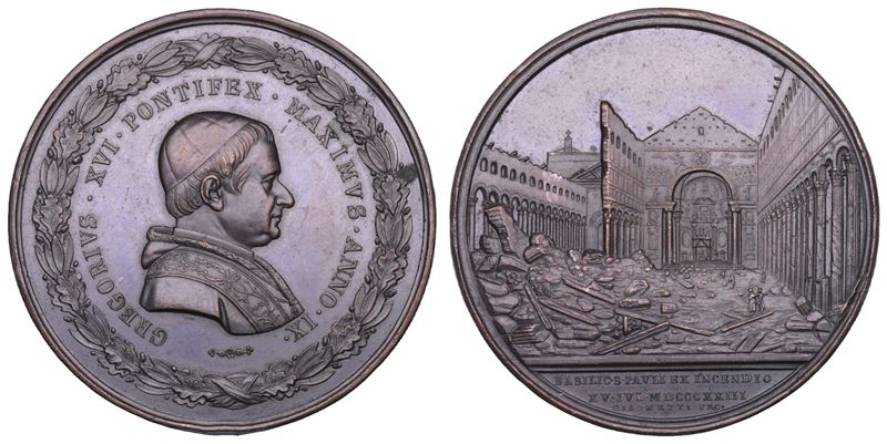 STATO PONTIFICIO. GREGORIO XVI (Bartolomeo Alberto Cappellari), 1831-1846. Medaglia in bronzo A. IX (1839). Riedificazione della Basilica di San Paolo fuori le Mura.  - Asta Numismatica - Cambi Casa d'Aste
