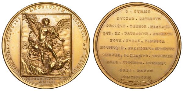 STATO PONTIFICIO. GREGORIO XVI (Bartolomeo Alberto Cappellari), 1831-1846. Medaglia in bronzo dorato A. II (1832). Visita del Pontefice all'Ospizio Apostolico del San Michele di Roma.