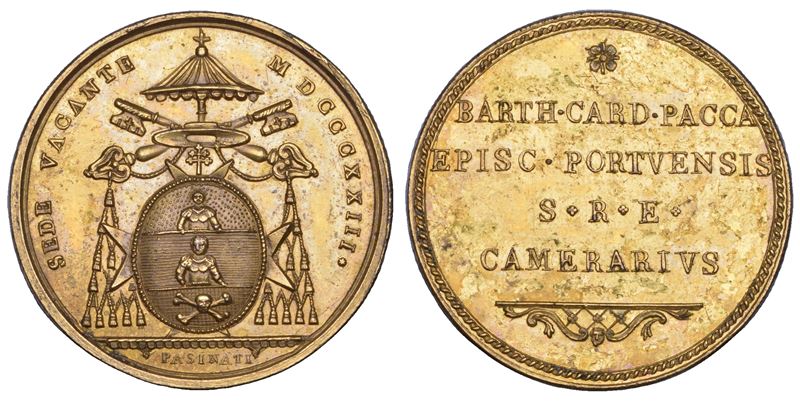 STATO PONTIFICIO. SEDE VACANTE 1823. Medaglia in bronzo dorato emessa dal Cardinale Camerlengo Bartolomeo Pacca.  - Asta Numismatica - Cambi Casa d'Aste