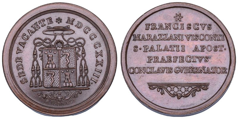 STATO PONTIFICIO. SEDE VACANTE 1823. Medaglia in bronzo emessa dal Prefetto dei Sacri Palazzi Apostolici e Governatore del Conclave Monsignore Marazzani Visconti (seconda variante).  - Auction Numismatics - Cambi Casa d'Aste