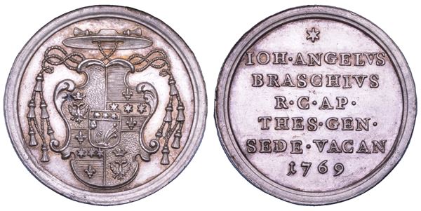 STATO PONTIFICIO. SEDE VACANTE 1769. Medaglia in argento emessa dal Tesoriere Generale Monsignore Giannangelo Braschi (poi Pio VI).