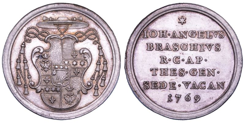 Giannangelo Braschi (poi Pio VI), Stato Pontificio. Sede Vacante 1769, medaglia in argento