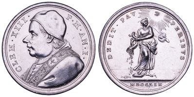 Clemente XIII (Carlo Rezzonico), Medaglia annuale in argento 1759/A.I. “Carità” del Pontefice