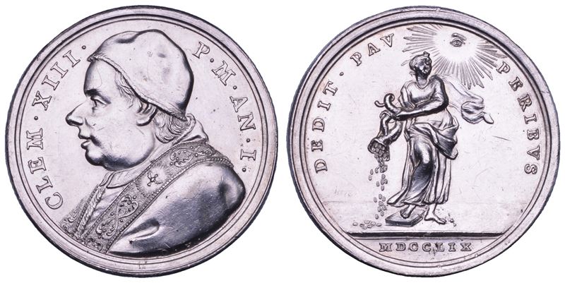 Clemente XIII (Carlo Rezzonico), Medaglia annuale in argento 1759/A.I. “Carità” del Pontefice