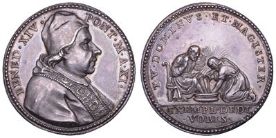 Benedetto XIV (Prospero Lorenzo Lambertini), Lavanda dei Piedi del Giovedì Santo — medaglia in ar...